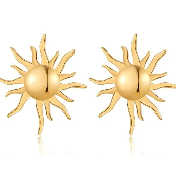 GREICHFAN Large Gold Sun Stud Statement Earrings - Picture 1 of 1